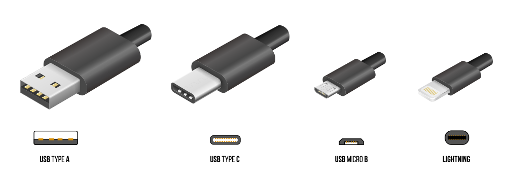 USB type A and type C plugs, micro USB and lightning, universal computer cable connectors