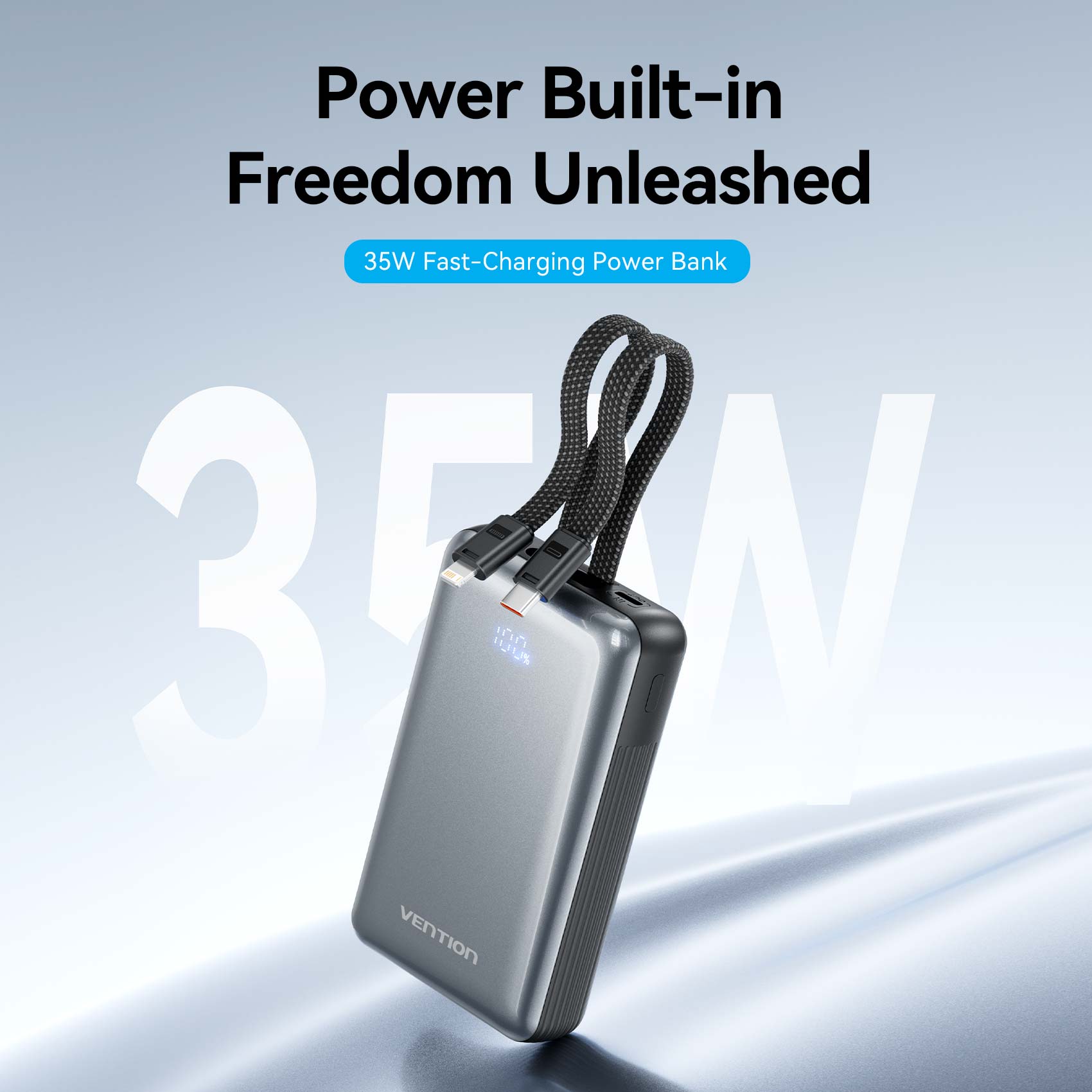 Vention 20000mAh Power Bank with Built-in USB-C and Lightning Cables 35W