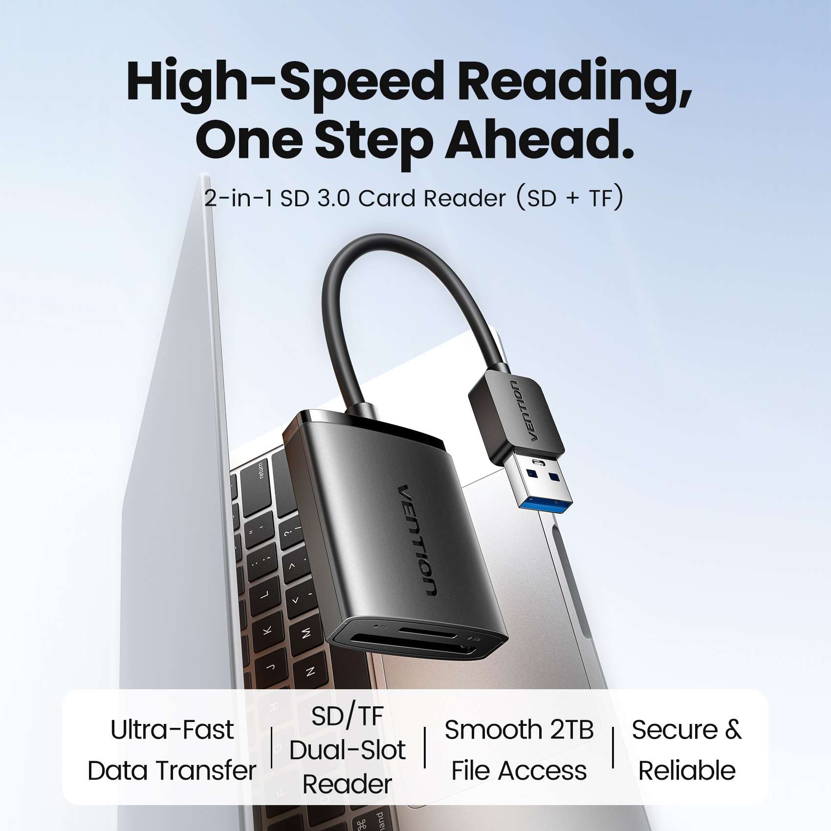 Vention 2-in-1 USB 3.0 A Card Reader (SD+TF) Black Dual Drive Letter