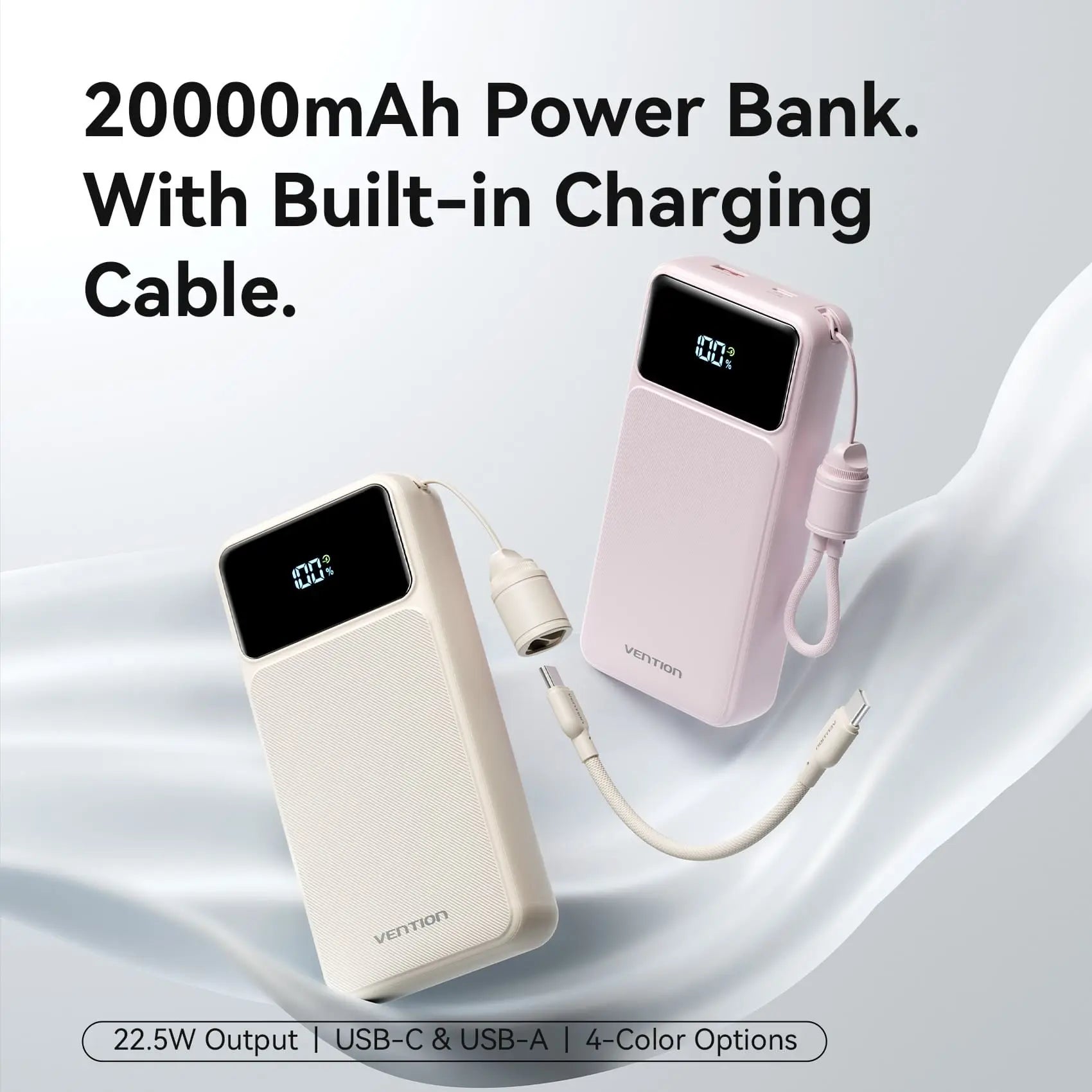 Vention 20000mAh Power Bank (USB-C + USB-A) with Built-in Cable 22.5W - Vention