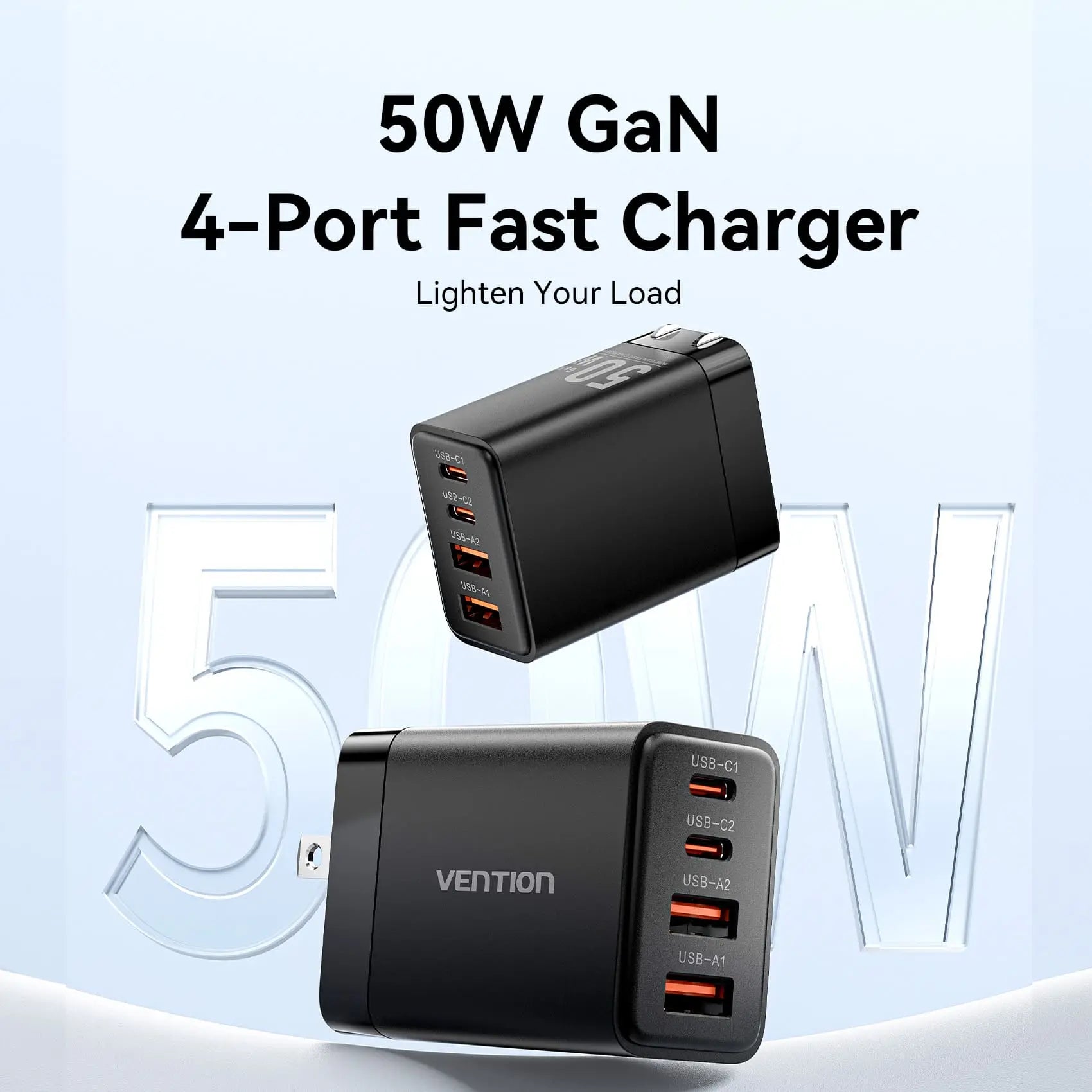 Vention 4-Port USB (C + C + A + A) GaN Charger (30W/20W/18W/18W) US Plug - Vention