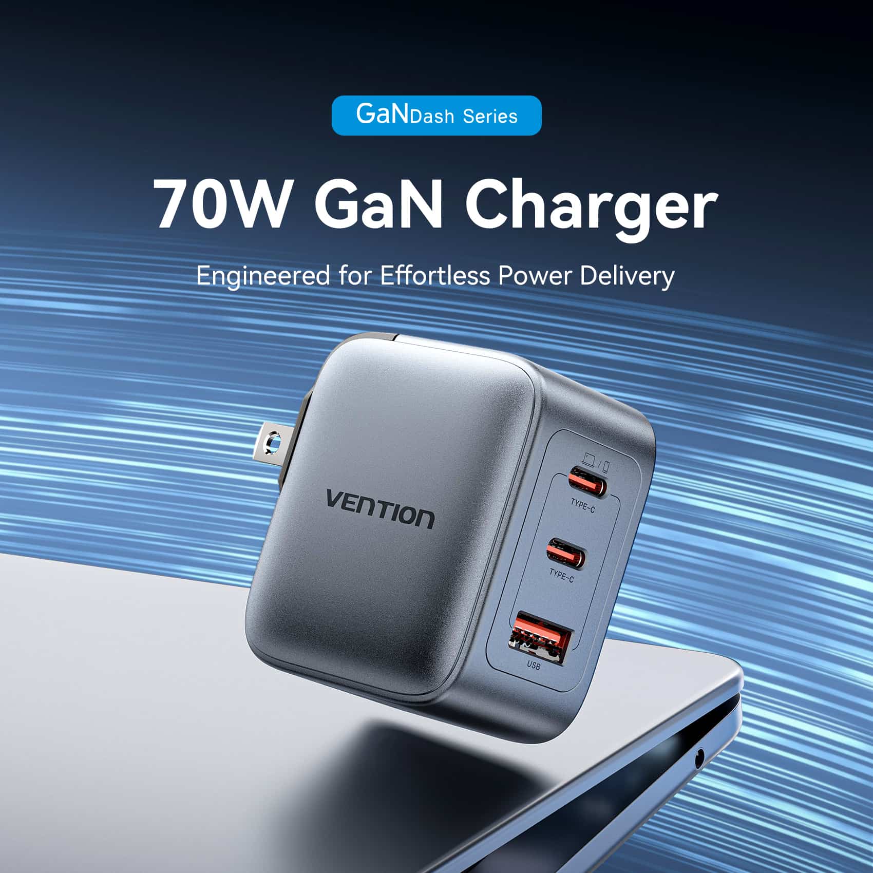 Vention 3-Port USB (C+C+A) GaN Charger (70W/70W/22.5W) US-Plug Gray