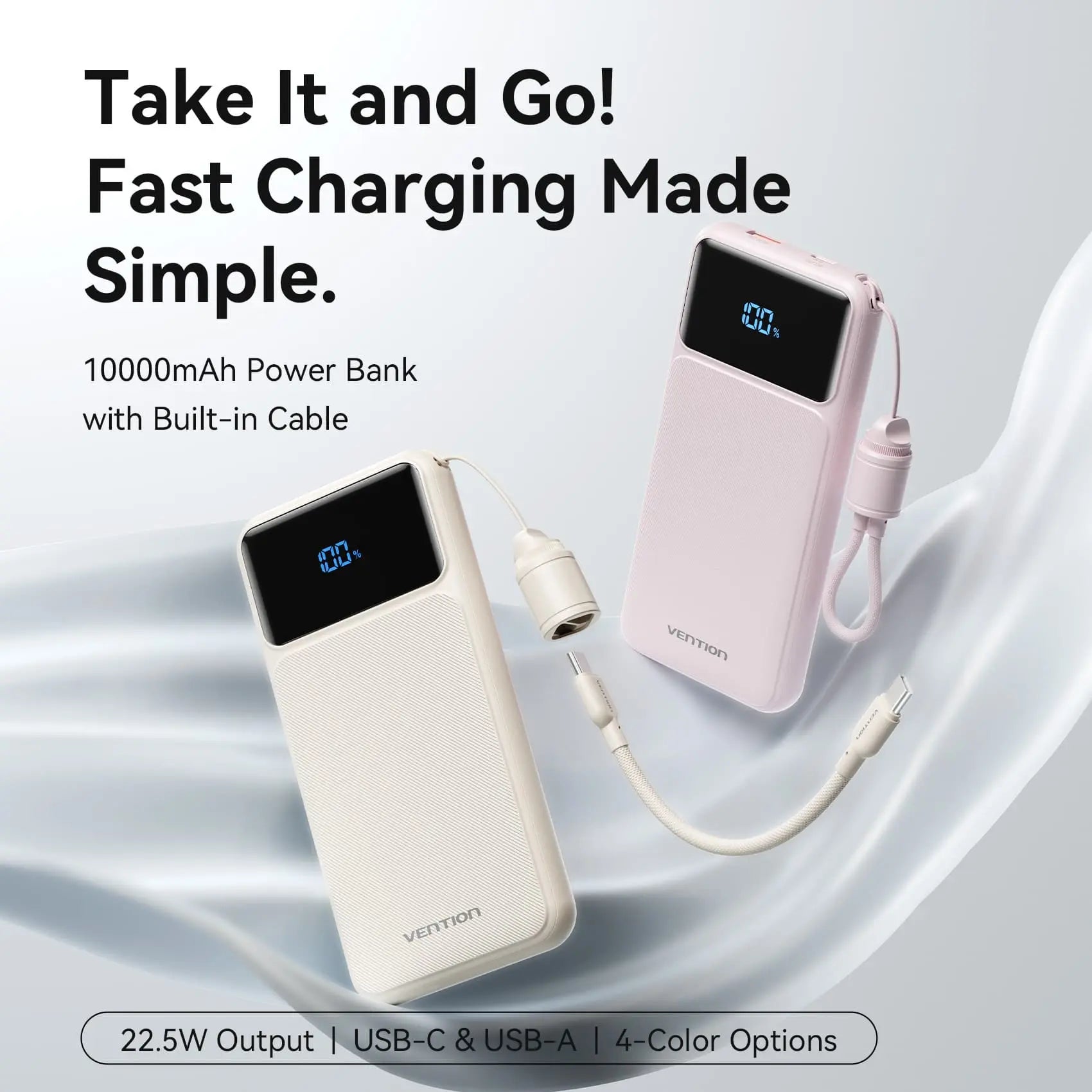 Vention 10000mAh Power Bank (USB-C + USB-A) with Built-in Cable 22.5W LED Display Type - Vention
