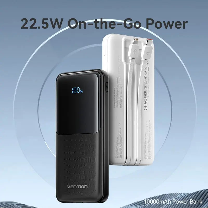 Vention 10000mAh Power Bank with Built-in USB-C and Lightning Cables 22.5W Black LED Display Universal Type - Vention