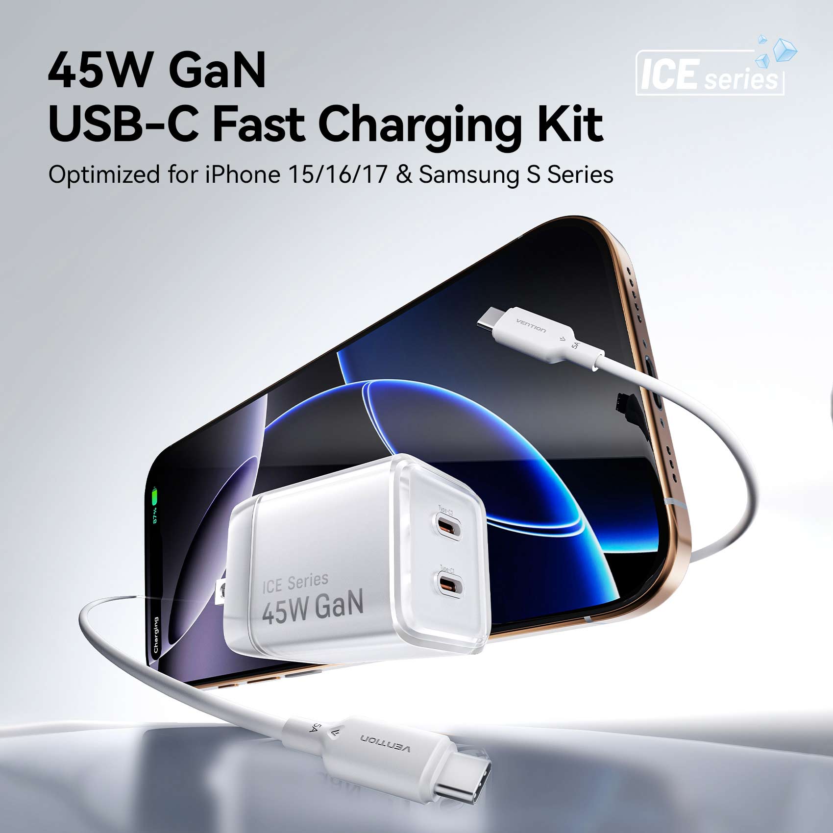 Vention 2-Port USB (C + C) GaN Charger (45W/45W) with 5A USB-C to USB-C Cable US-Plug Gray
