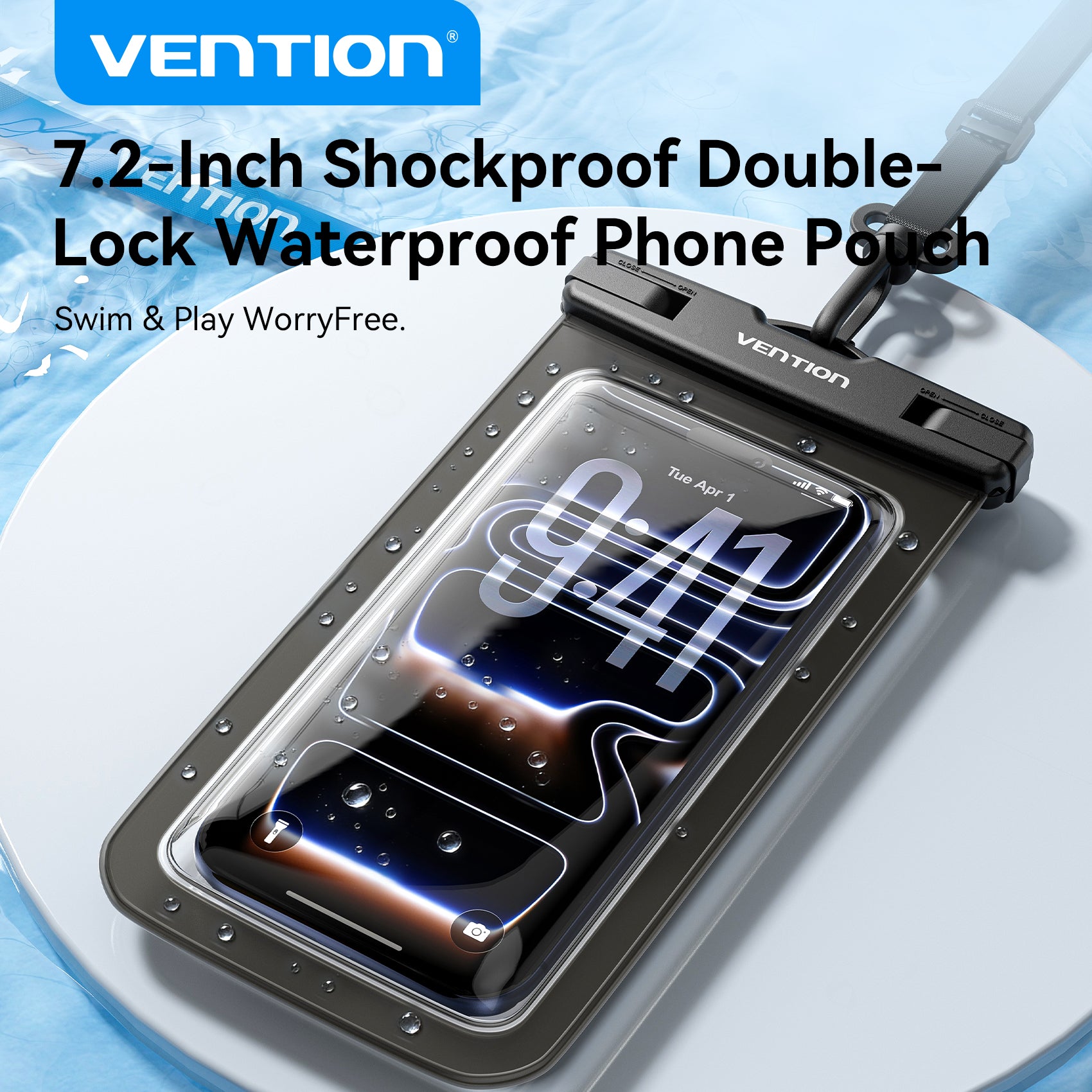 <tc>Vention</tc> Funda transparente impermeable para teléfono de 7,2 pulgadas con cierre de seguridad, color negro.