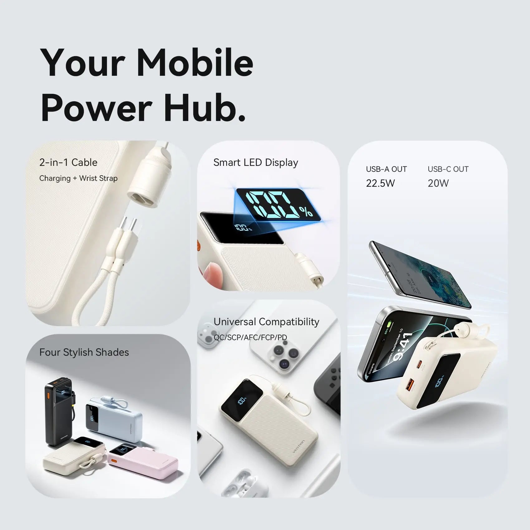 Vention 20000mAh Power Bank (USB-C + USB-A) with Built-in Cable 22.5W - Vention