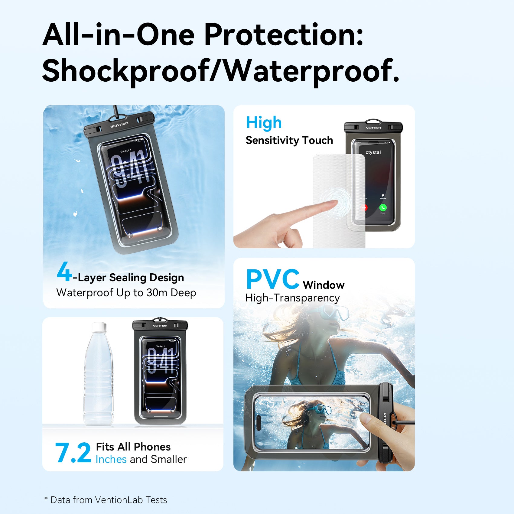 <tc>Vention</tc> Funda transparente impermeable para teléfono de 7,2 pulgadas con cierre de seguridad, color negro.