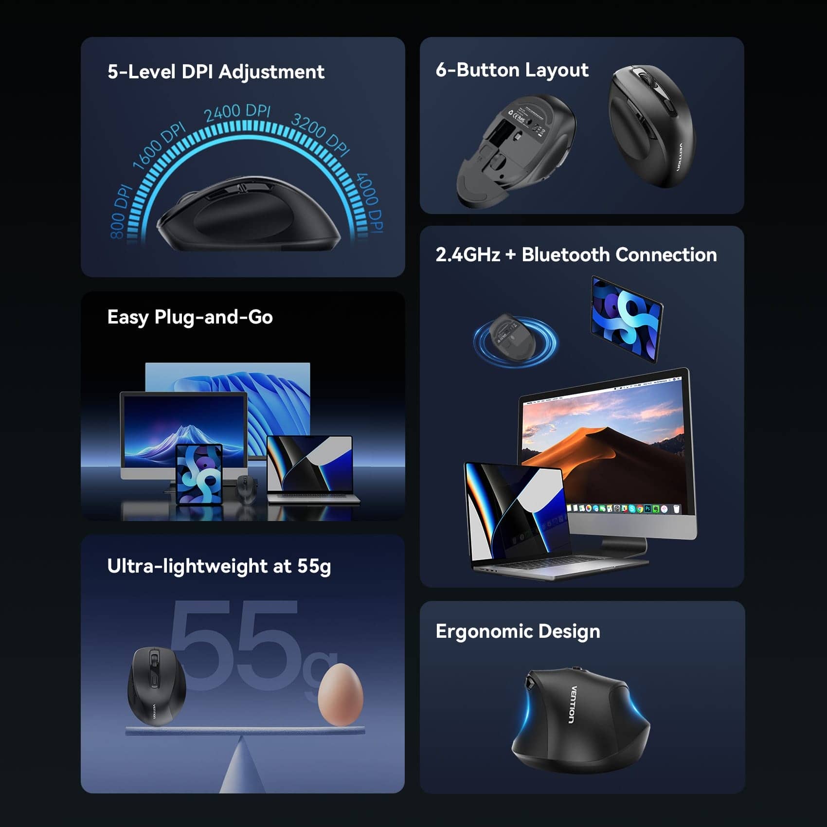 Vention Dual-Mode Wireless Ergonomic Mouse