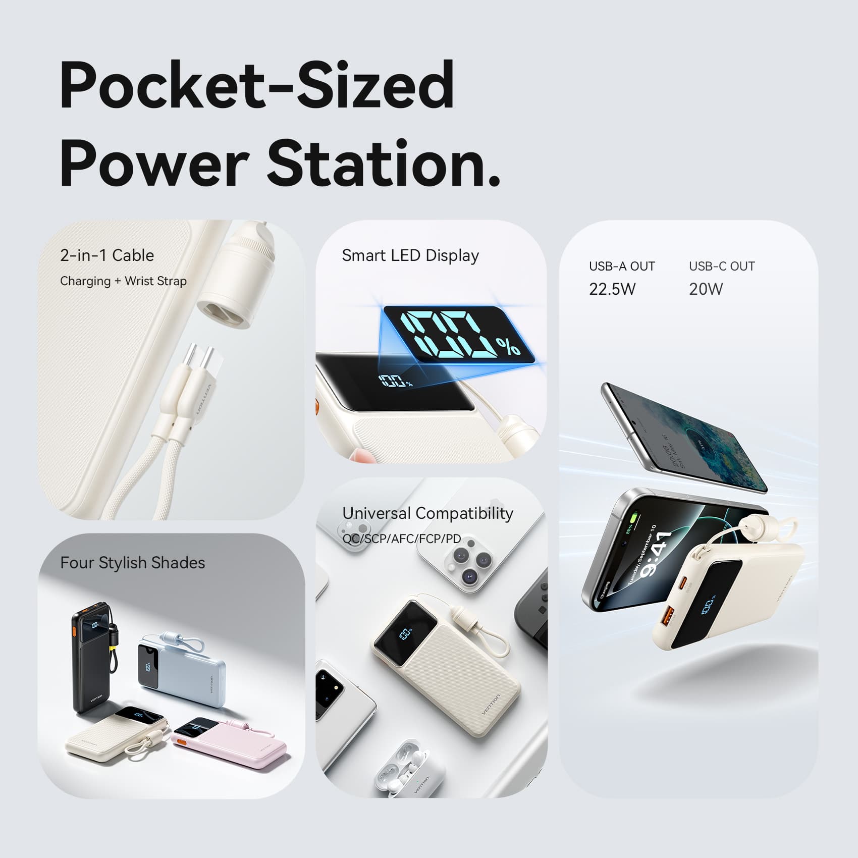 Vention 10000mAh Power Bank (USB-C + USB-A) with Built-in Cable 22.5W LED Display Type