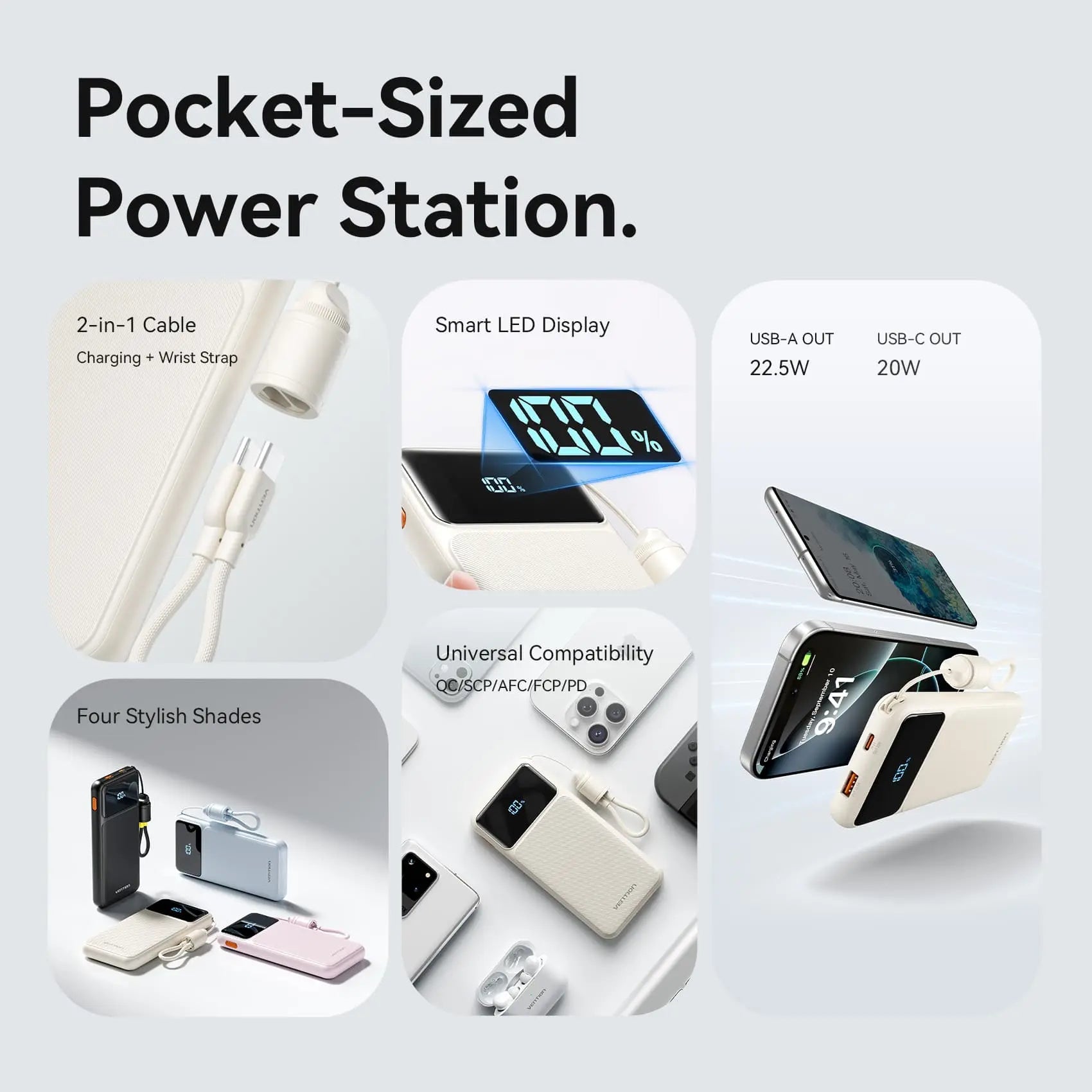 Vention 10000mAh Power Bank (USB-C + USB-A) with Built-in Cable 22.5W LED Display Type - Vention