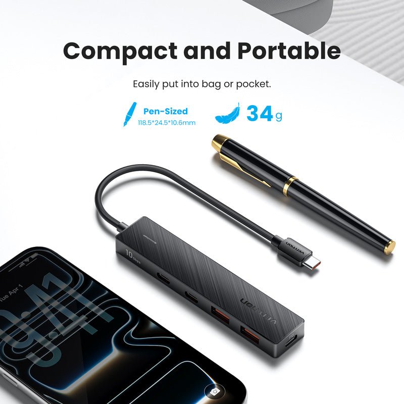 Vention USB-C to USB 3.2 Gen 2 Type-C*2 + USB 3.2 Gen 2 Type-A*2 + PD 10G Hub 0.15M Black - Vention