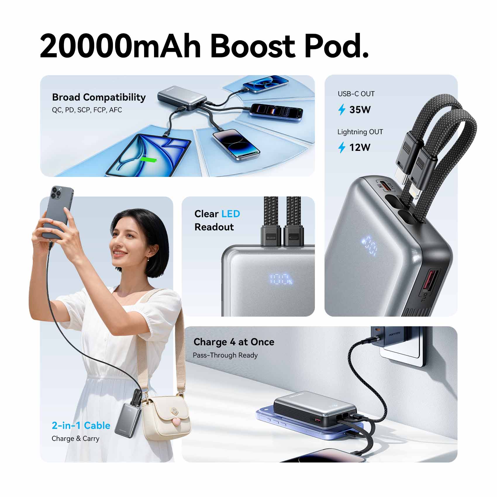 Vention 20000mAh Power Bank with Built-in USB-C and Lightning Cables 35W - Vention