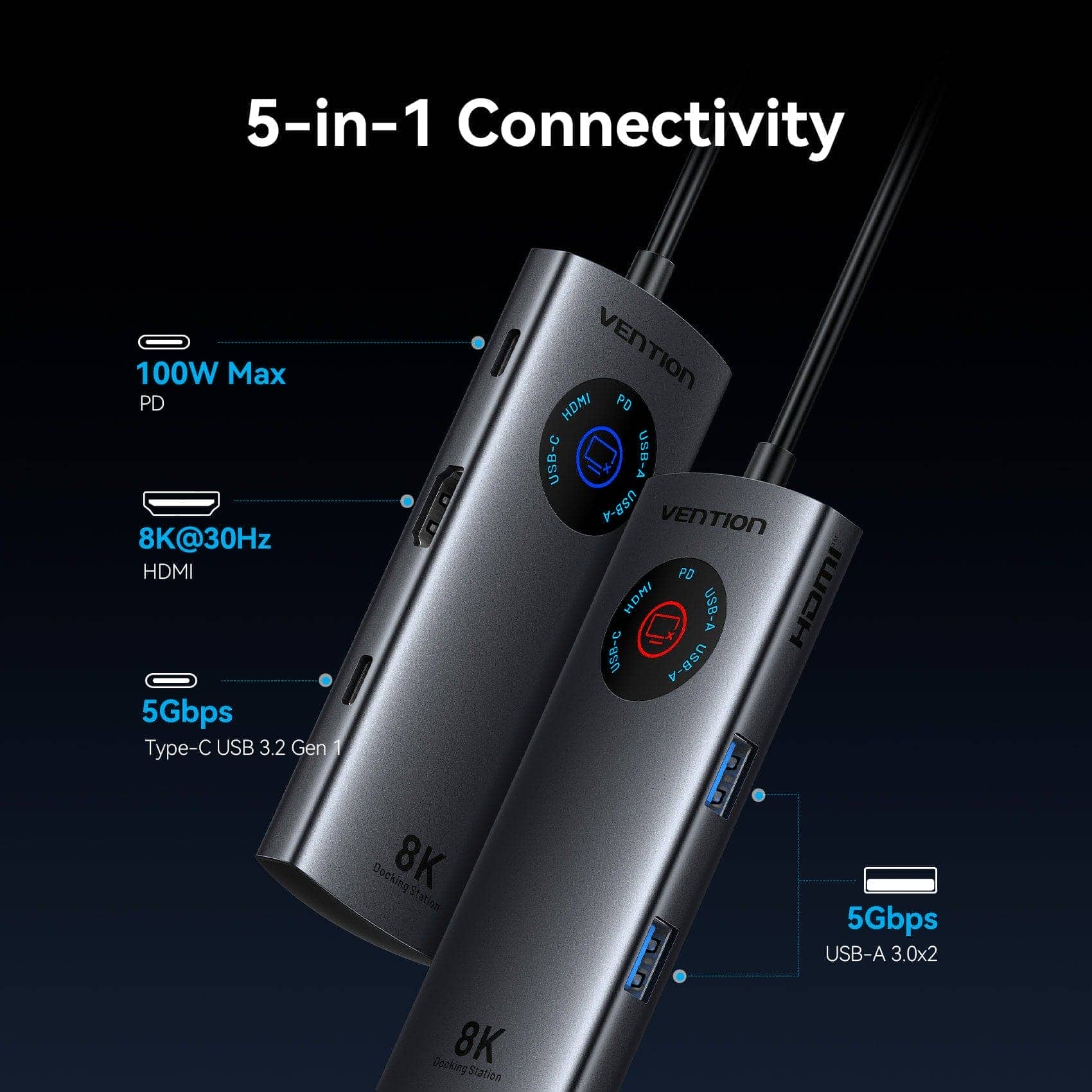 Vention 5'i 1 arada USB-C 8K LED Ekranlı Bağlantı İstasyonu