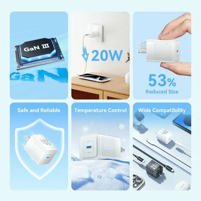 Vention 1-Port USB-C GaN Charger (20W) with USB-C to USB-C Cable (1M) US Plug - Vention