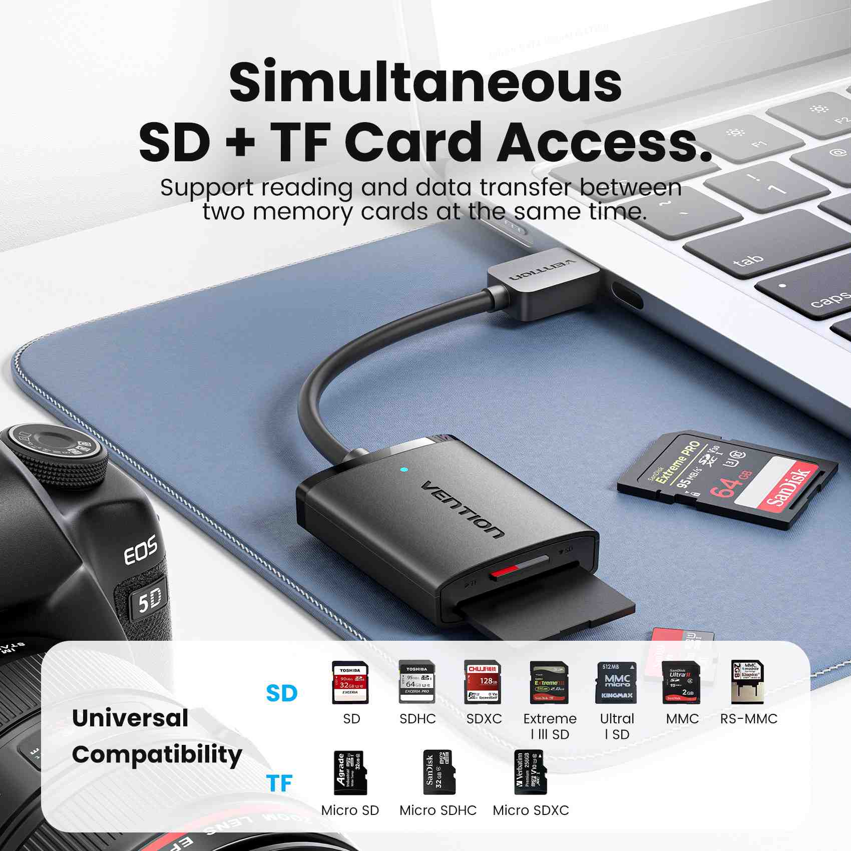 Vention 2-in-1 USB 3.0 A Card Reader (SD+TF) Black Dual Drive Letter - Vention