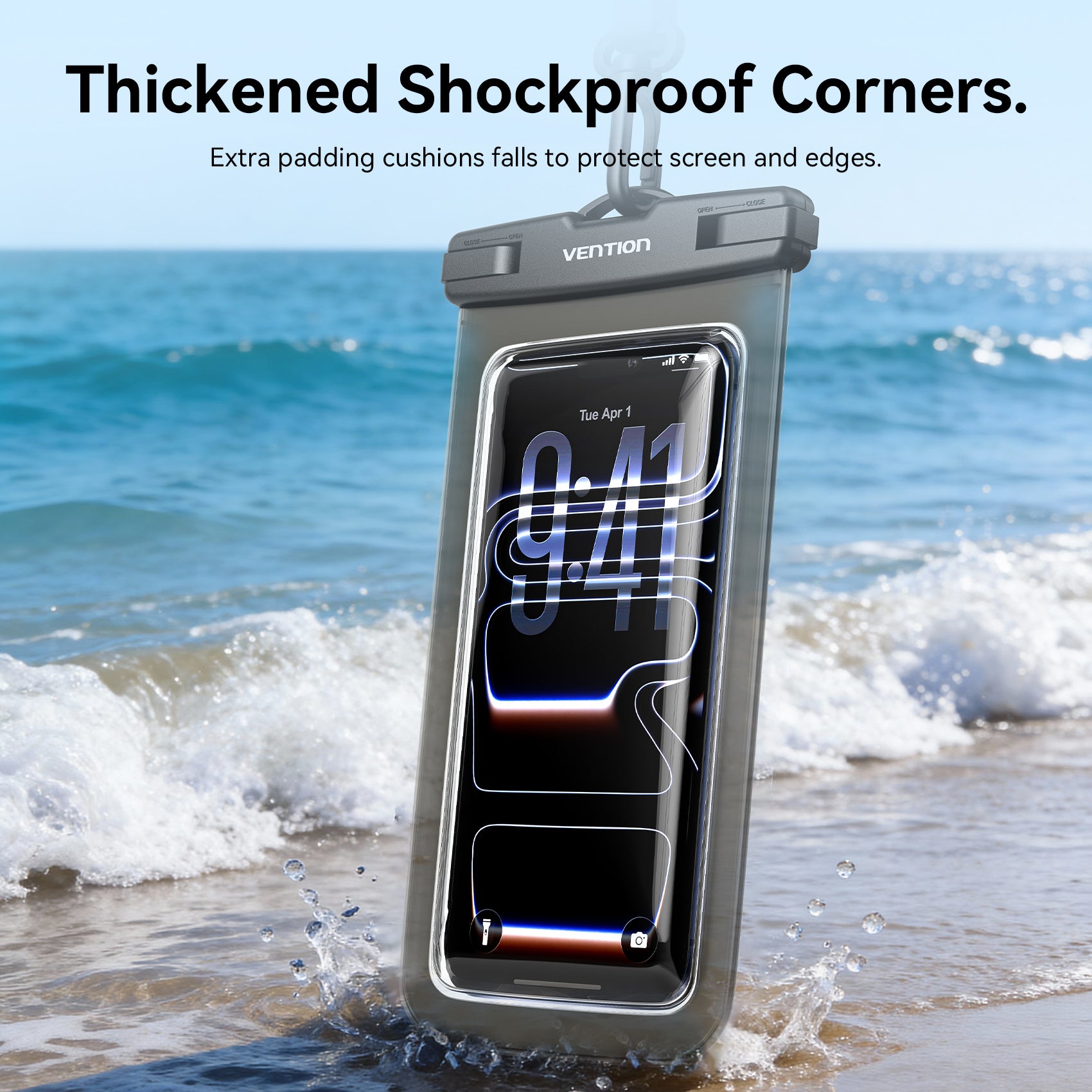 <tc>Vention</tc> Funda transparente impermeable para teléfono de 7,2 pulgadas con cierre de seguridad, color negro.
