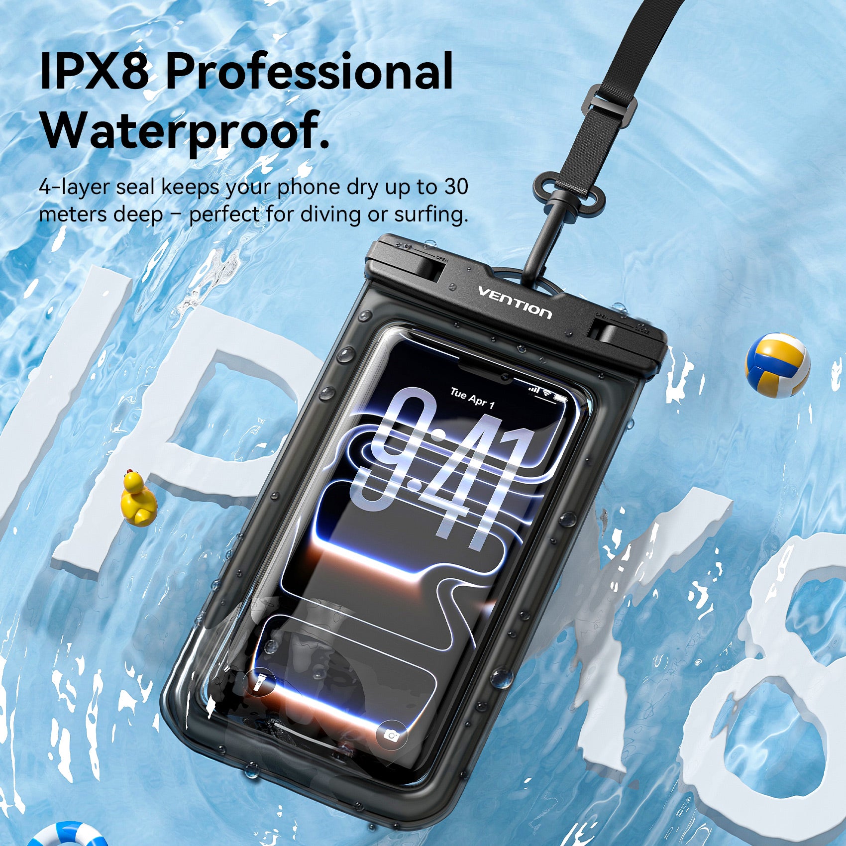 Vention 7.2-Inch Shockproof Black-Edged Waterproof Phone Pouch with Lock Seal Black