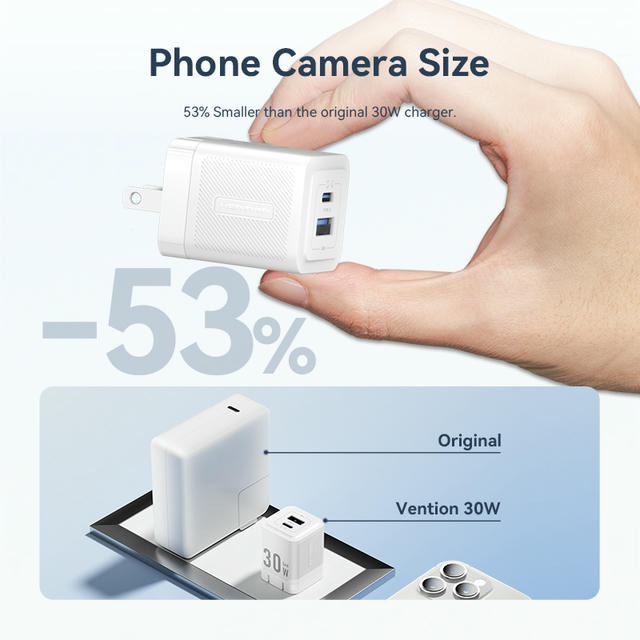 Vention 2-Port USB (C + A) GaN Charger (30W/30W) US Plug