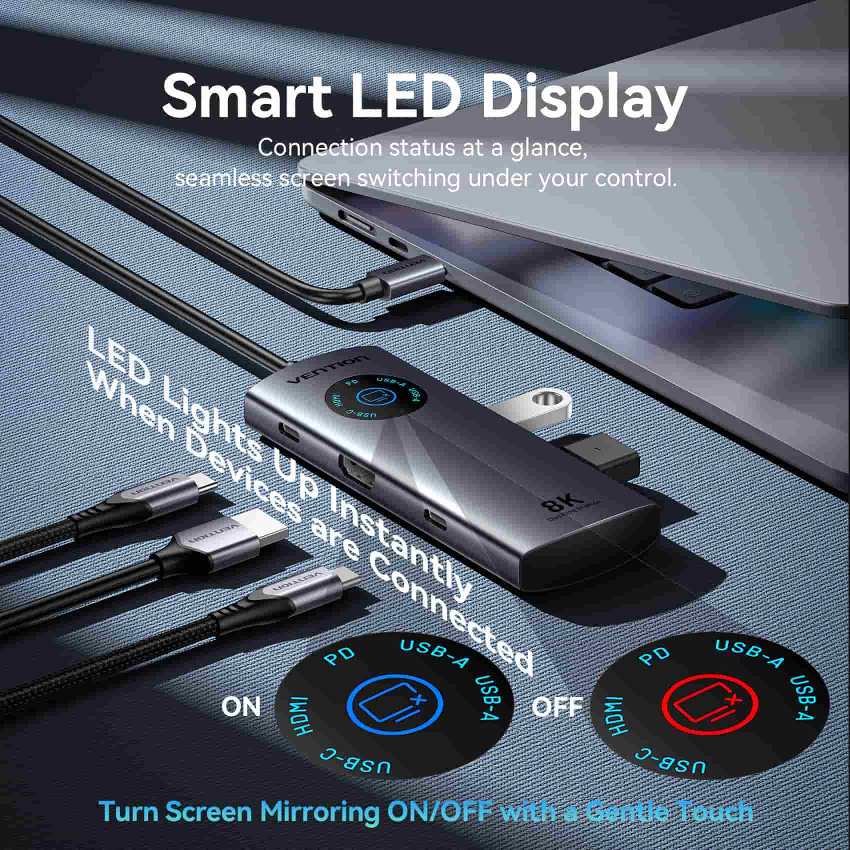 Vention 5'i 1 arada USB-C 8K LED Ekranlı Bağlantı İstasyonu