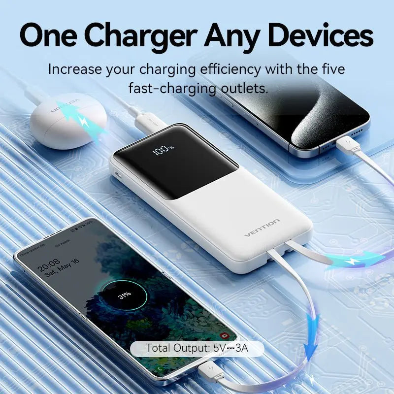 Vention 10000mAh Power Bank with Built-in USB-C and Lightning Cables 22.5W Black LED Display Universal Type - Vention
