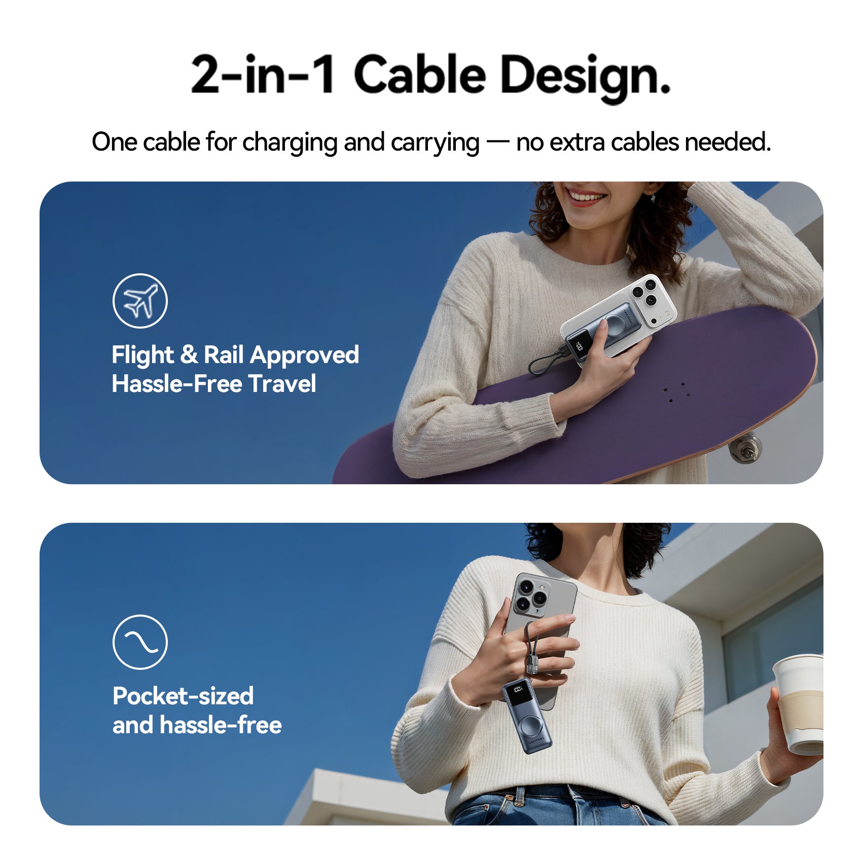 Vention Mini 10000mAh Power Bank (USB-C + USB-A) with Built-in USB-C Cable and Apple Watch Charging Area 22.5W Gray LED Display Type