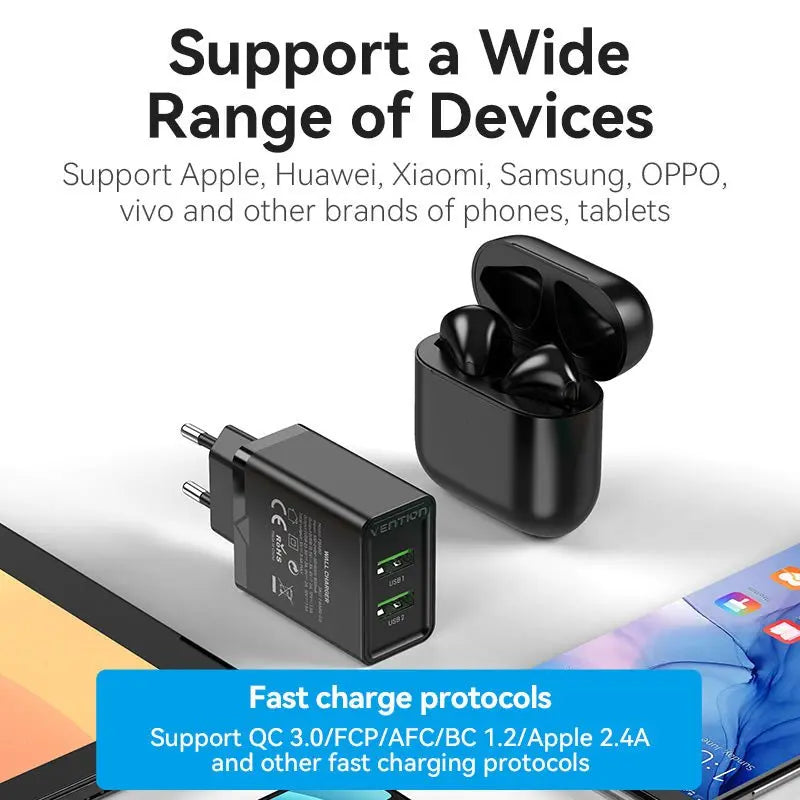 Vention 2-Port USB(A+A) Wall Charger (18W/18W) EU-Plug - Vention
