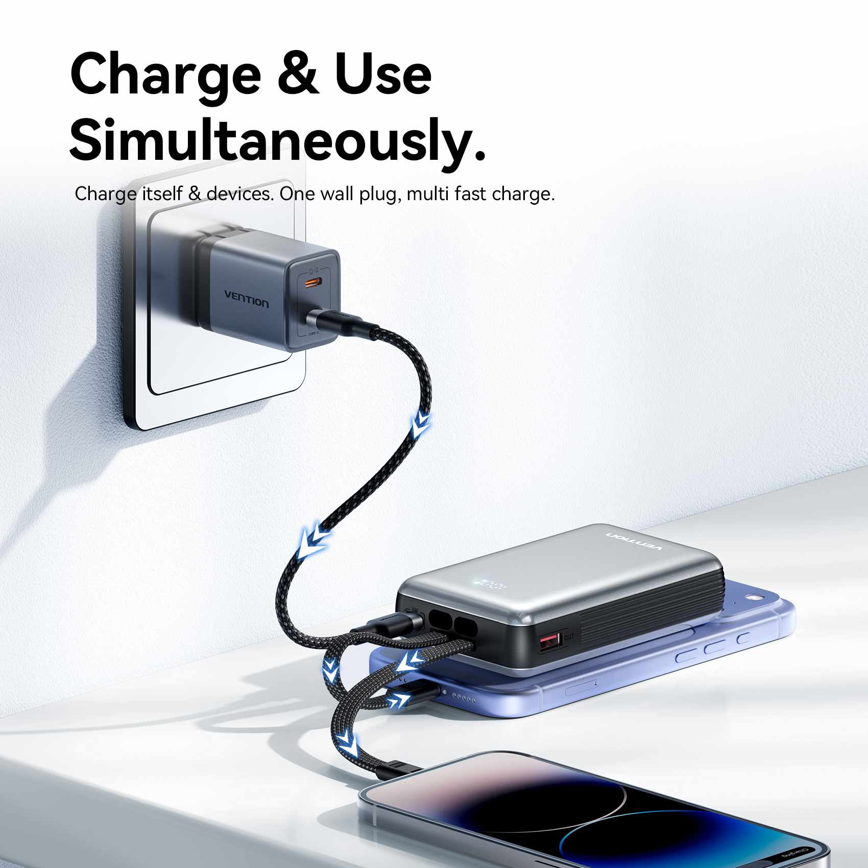 Vention 20000mAh Power Bank with Built-in USB-C and Lightning Cables 35W