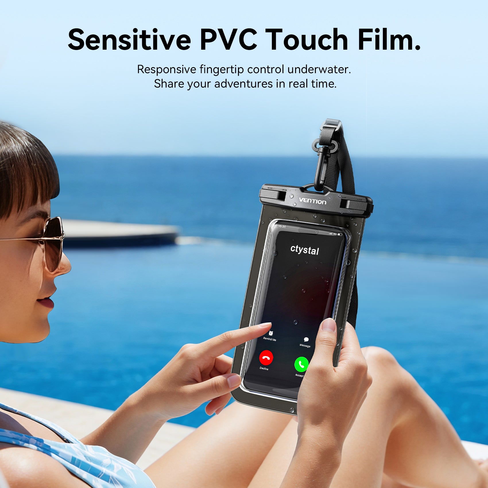 <tc>Vention</tc> Funda transparente impermeable para teléfono de 7,2 pulgadas con cierre de seguridad, color negro.