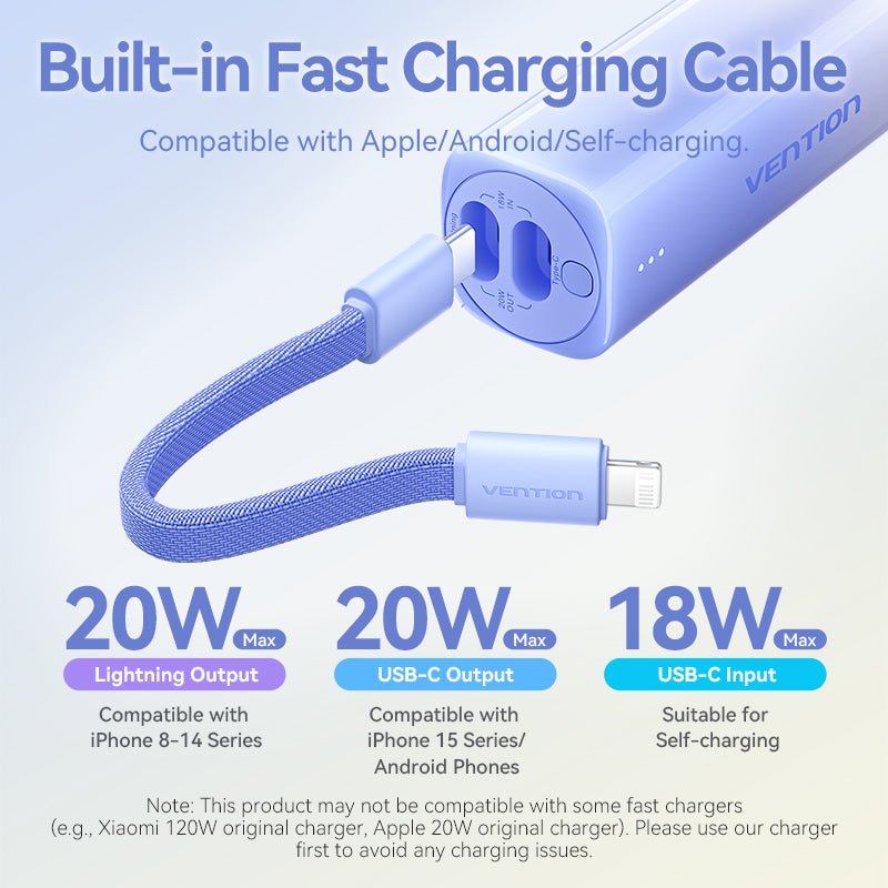 Vention 5000mAh Power Bank Compact with Built-in Cable——On Promotion - Vention