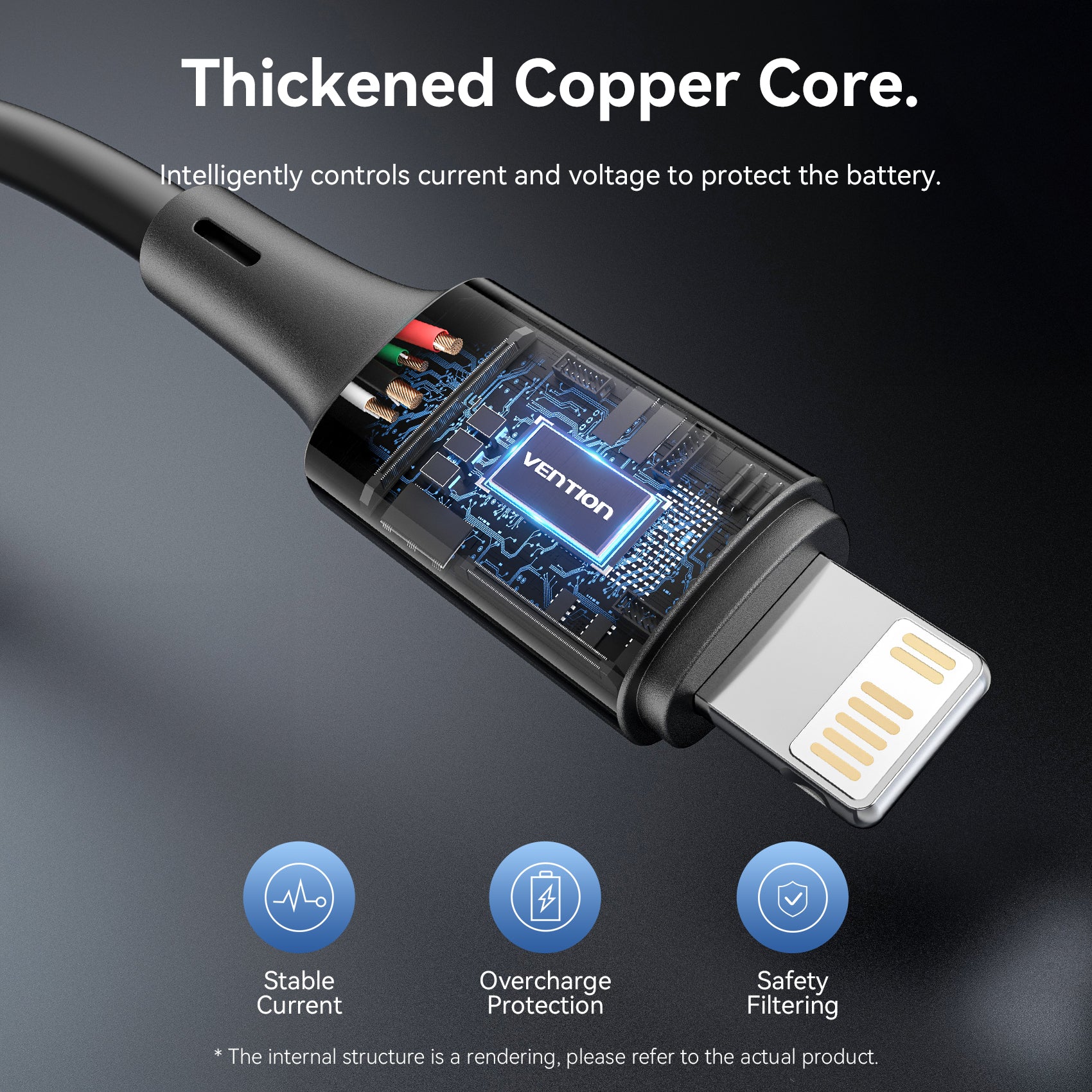 Vention USB 2.0 Tip-C Erkek - Yıldırım Erkek 3A Kablo Siyah PVC Tip
