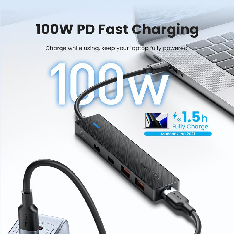 Vention USB-C to USB 3.2 Gen 2 Type-C*2 + USB 3.2 Gen 2 Type-A*2 + PD 10G Hub 0.15M Black - Vention