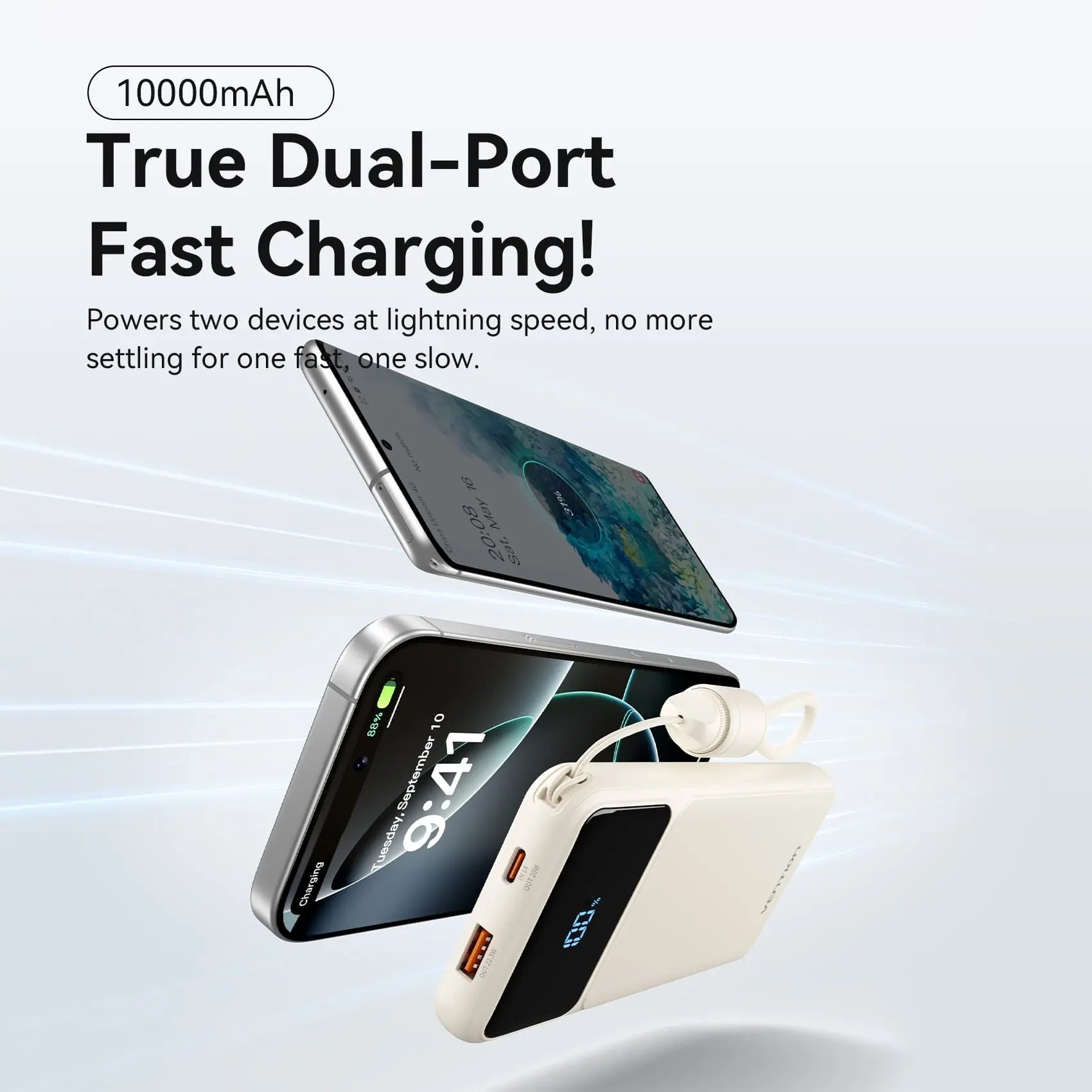 Vention 10000mAh Power Bank (USB-C + USB-A) with Built-in Cable 22.5W LED Display Type - Vention