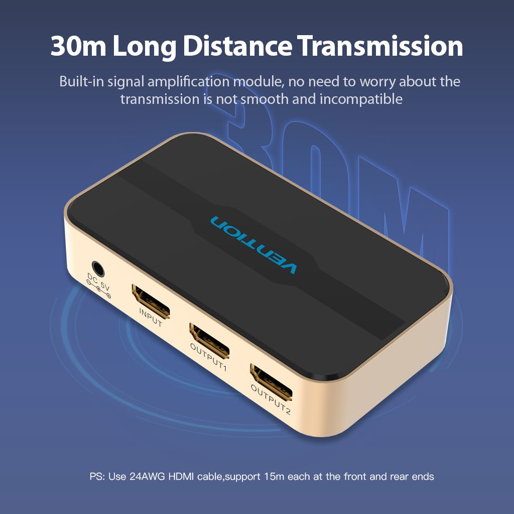 Vention 1 In 2 Out HDMI Splitter 4K@30Hz Gold Aluminum Alloy Type - Vention