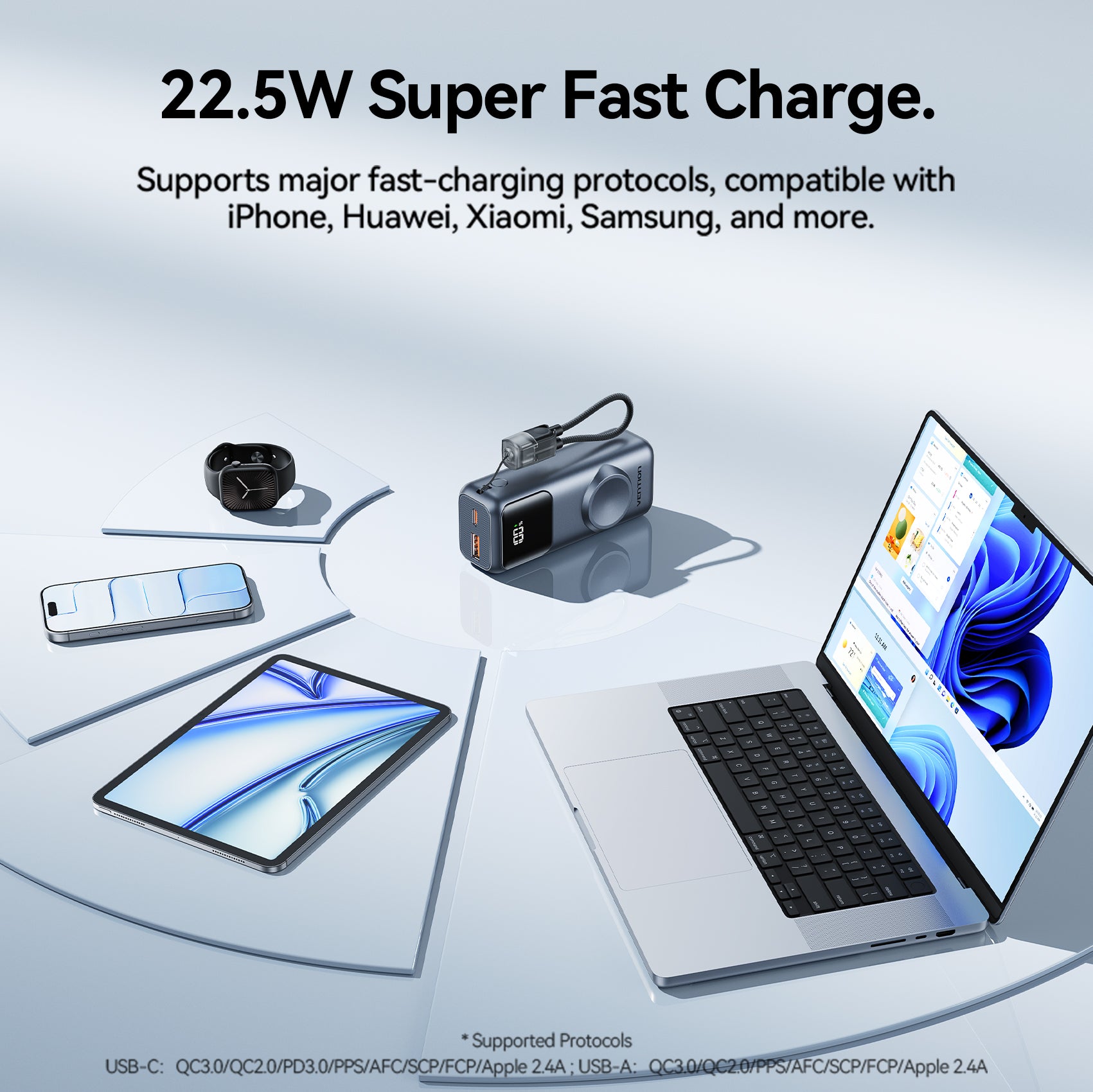 Vention Mini 10000mAh Power Bank (USB-C + USB-A) with Built-in USB-C Cable and Apple Watch Charging Area 22.5W Gray LED Display Type