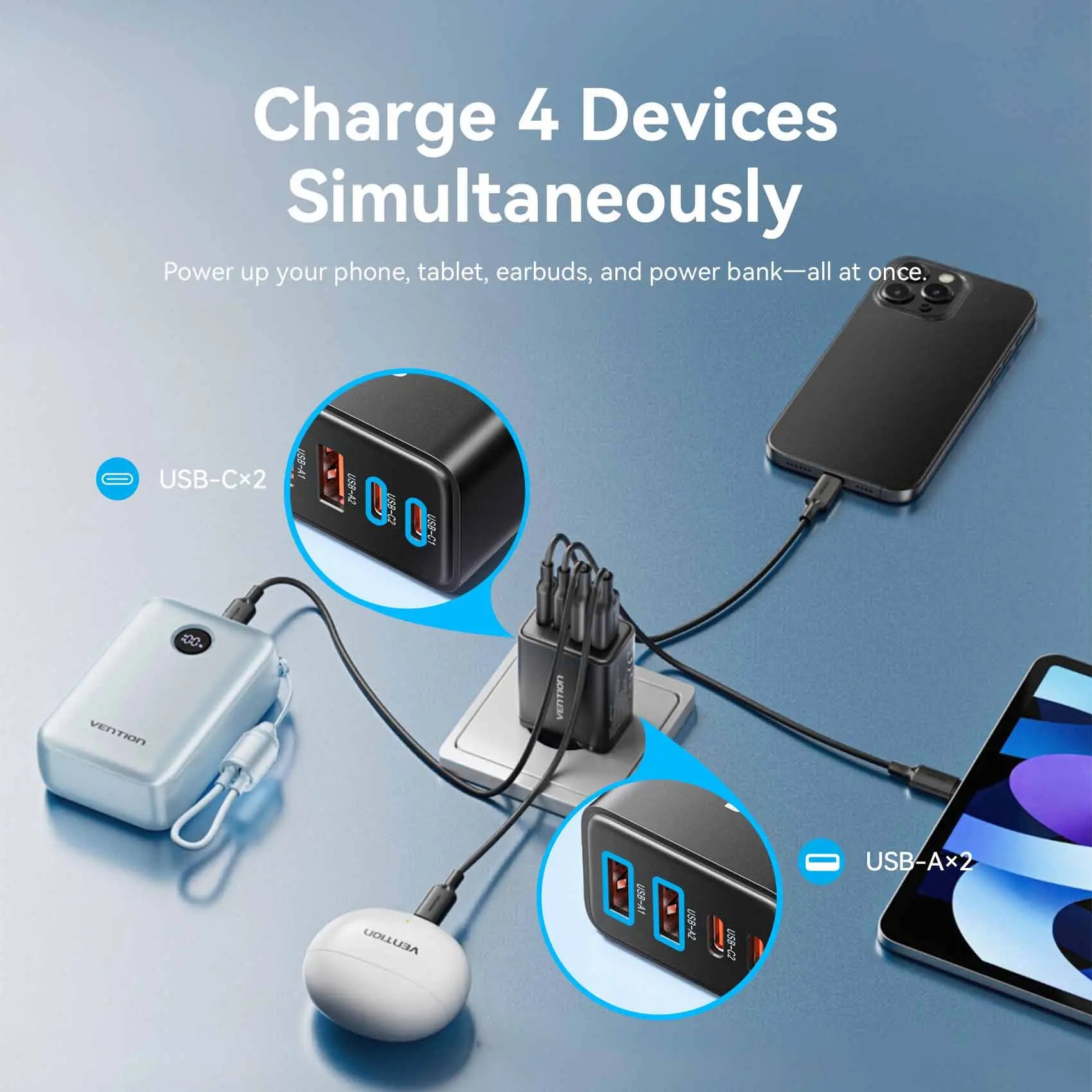 Vention 4-Port USB (C + C + A + A) GaN Charger (30W/20W/18W/18W) EU-Plug - Vention