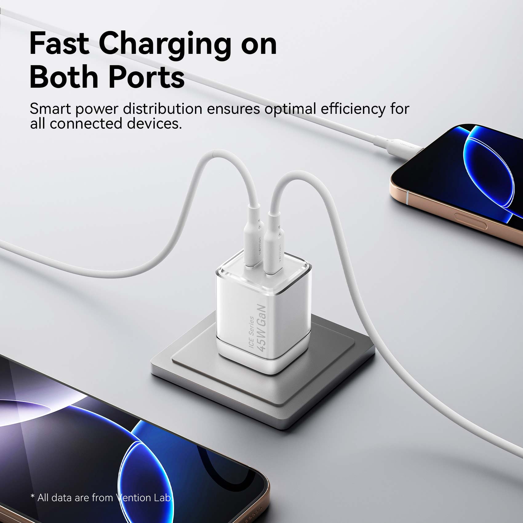 Vention 2-Port USB (C + C) GaN Charger (45W/45W) with 5A USB-C to USB-C Cable US-Plug Gray