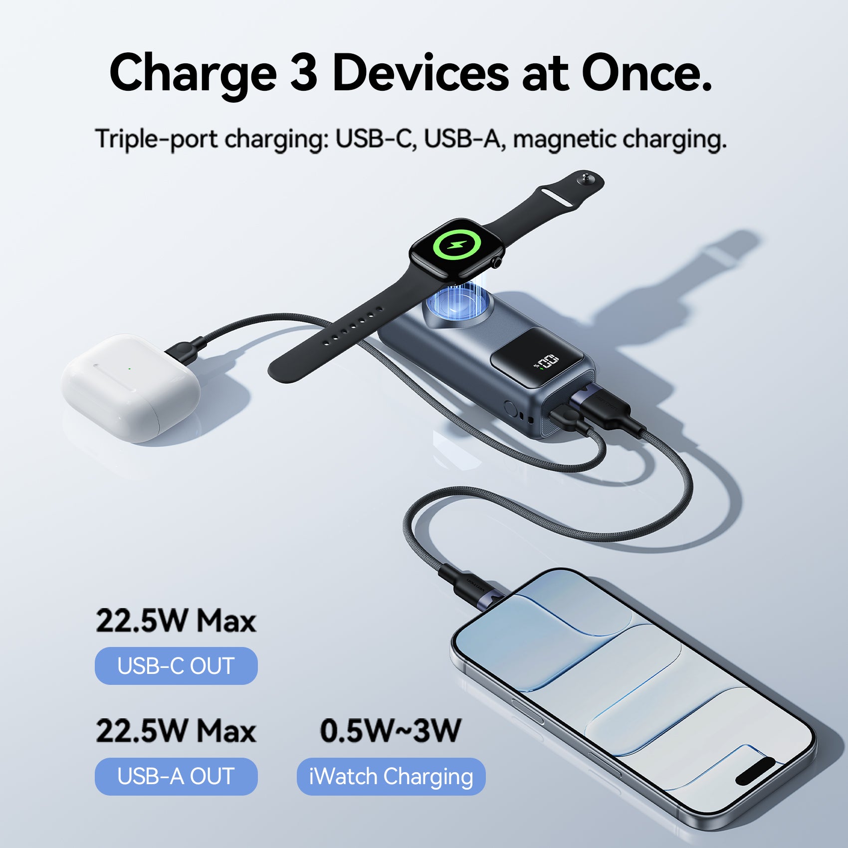 Vention Mini 10000mAh Power Bank (USB-C + USB-A) with Built-in USB-C Cable and Apple Watch Charging Area 22.5W Gray LED Display Type