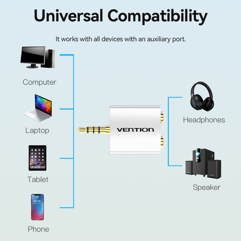 Vention 4 Pole 3.5mm Male to 2*3.5mm Female Audio Adapter Silvery Metal Type - Vention
