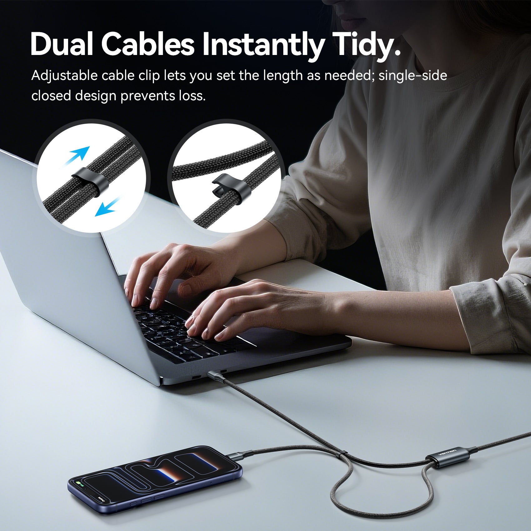 Vention USB 2.0 Tip-C Erkek - 2 Tip-C Erkek 5A Kablo Siyah Alüminyum Alaşımlı Tip