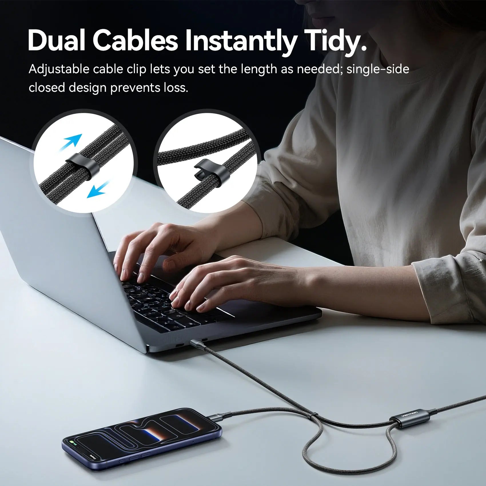 Vention USB 2.0 Type-C Male to 2 Type-C Male 5A Cable Black Aluminum Alloy Type - Vention