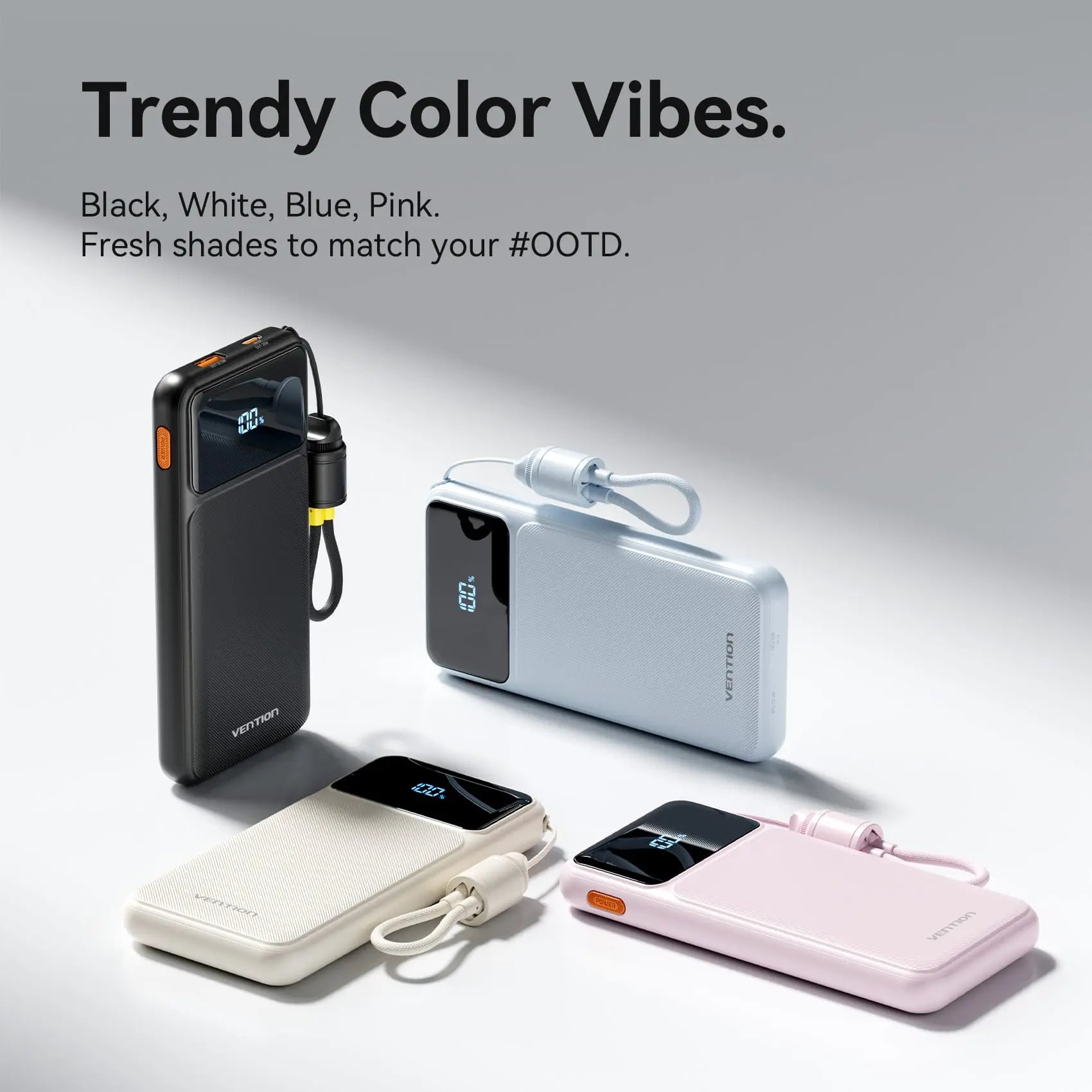 Vention 10000mAh Power Bank (USB-C + USB-A) with Built-in Cable 22.5W LED Display Type - Vention