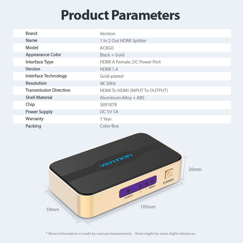 Vention 1 In 2 Out HDMI Splitter 4K@30Hz Gold Aluminum Alloy Type - Vention