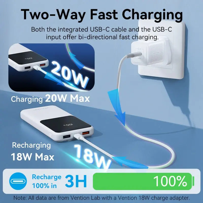Vention 10000mAh Power Bank with Built-in USB-C and Lightning Cables 22.5W Black LED Display Universal Type - Vention