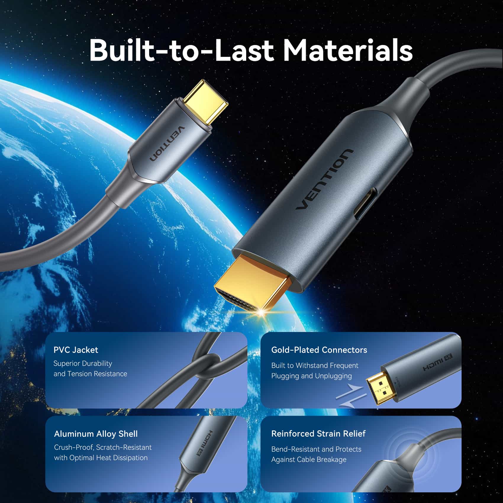 <tc>Vention</tc> Cable HDMI macho a USB-C macho 4K HD con fuente de alimentación, tipo metálico gris.