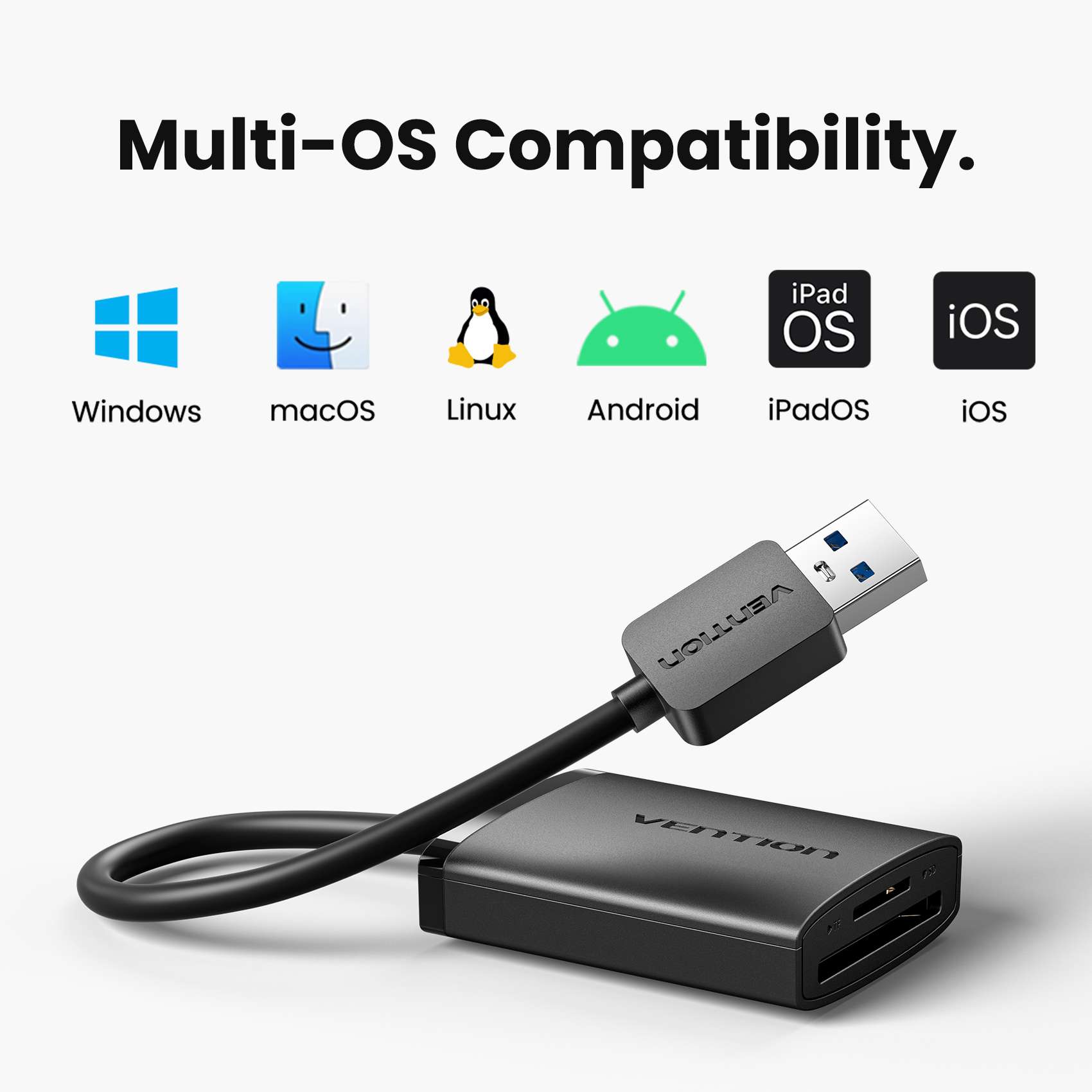 Vention 2-in-1 USB 3.0 A Card Reader (SD+TF) Black Dual Drive Letter - Vention