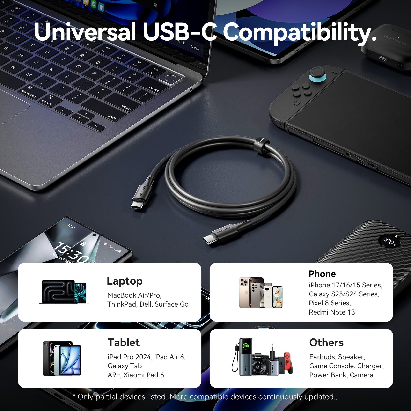 Vention USB 2.0 Tip-C Erkek - Tip-C Erkek 3A Kablo Siyah PVC Tipi