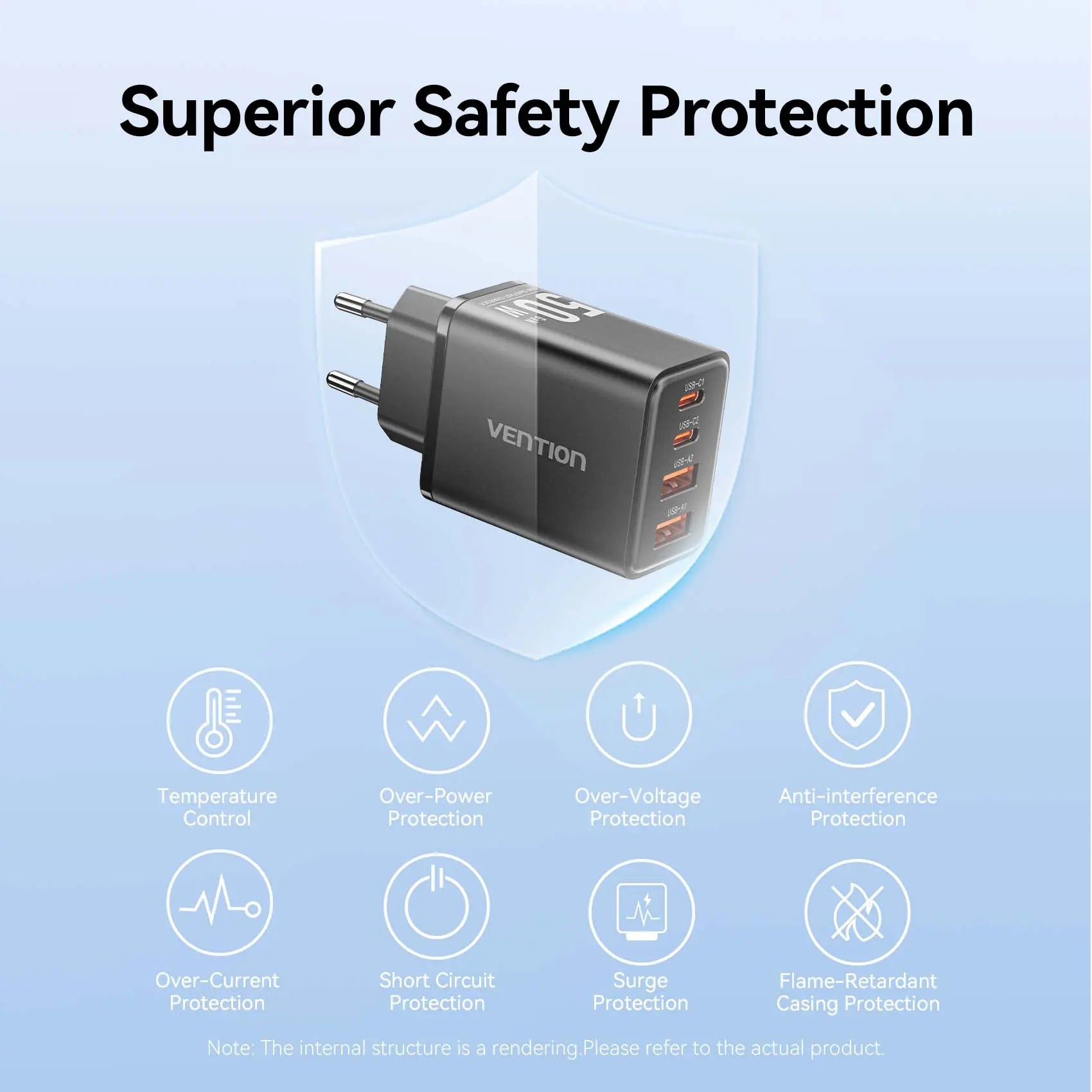 Vention 4-Port USB (C + C + A + A) GaN Charger (30W/20W/18W/18W) EU-Plug - Vention