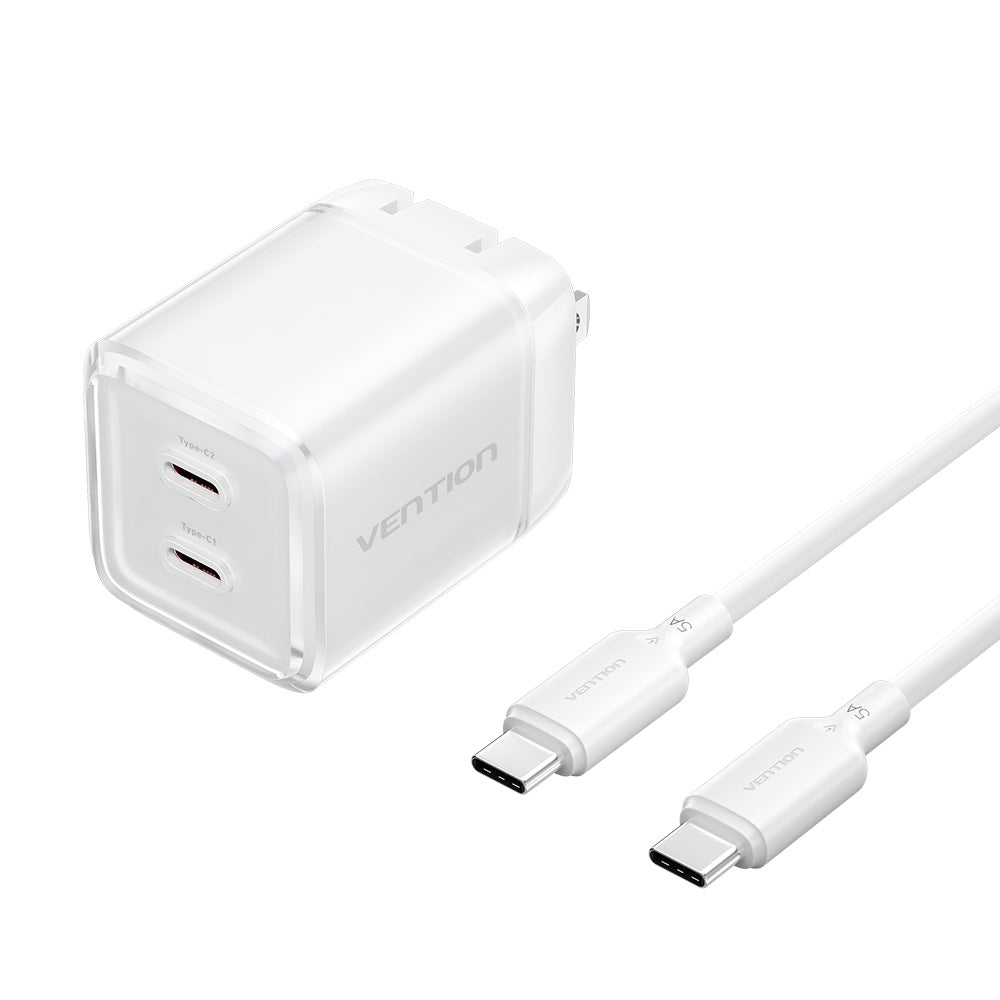 Vention 2-Port USB (C + C) GaN Charger (45W/45W) with 5A USB-C to USB-C Cable US-Plug Gray