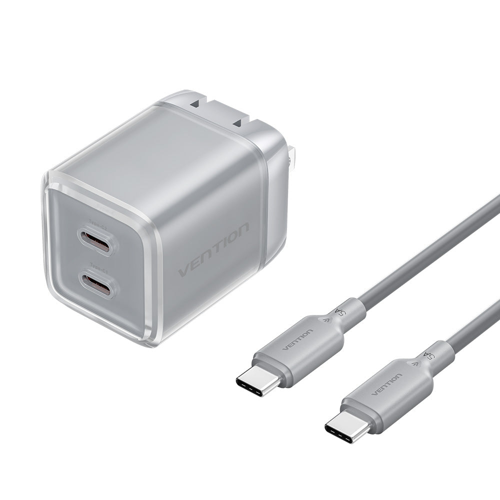 Vention 2-Port USB (C + C) GaN Charger (45W/45W) with 5A USB-C to USB-C Cable US-Plug Gray